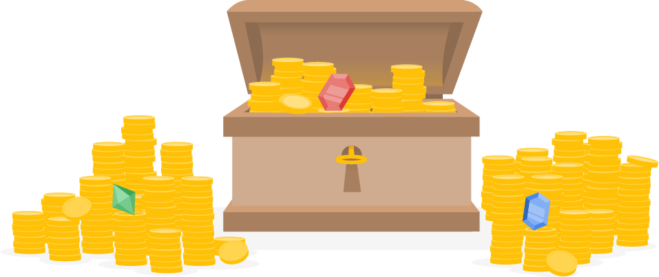 A treasure chest overflowing with coins and gems